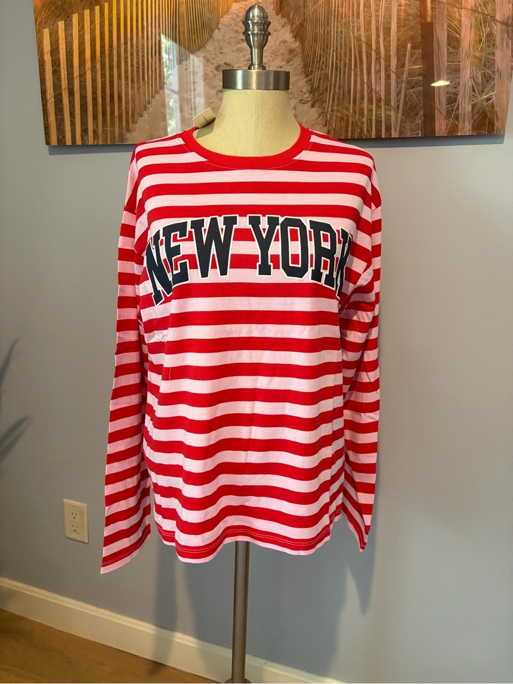 Anthropologie Red and Pink City Striped "New York" Long Sleeve Tee